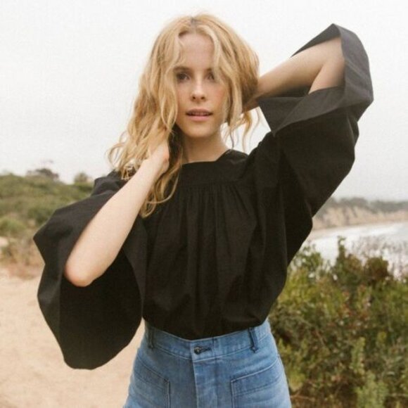 Doen Tops - Doen Capo Solid Black Blouse Top Wide Sleeves Cotton Shirt Resort XS
